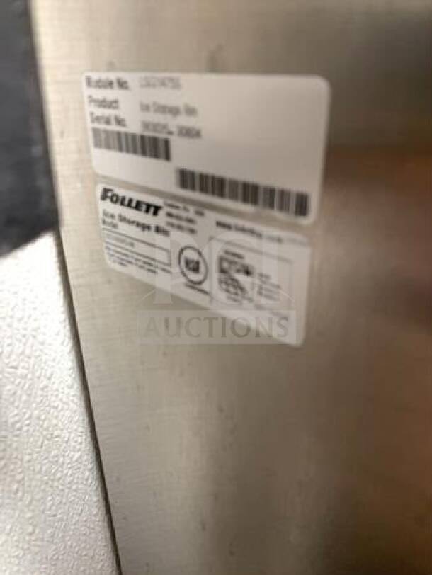 Follett Sentry Series Ice Storage Bin label, showing model and serial numbers. Features a pull-out dispenser.