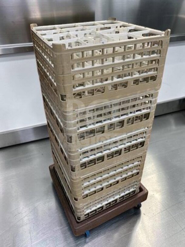 Commercial dish and glass racks on a rolling cart, mixed and unbranded. Suitable for restaurant warewashing.