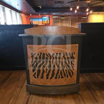 Custom wood and metal mobile host stand with decorative panel, excellent condition, ideal for commercial use. Model CUS-M-HOST-1224.