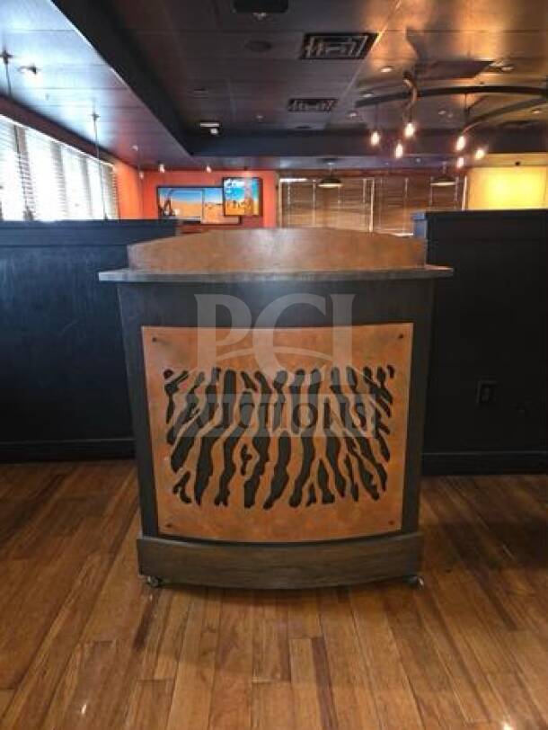 Custom decorative host stand, wood and metal, elite condition. Features a unique cutout design, mobile on wheels. Perfect for commercial use.