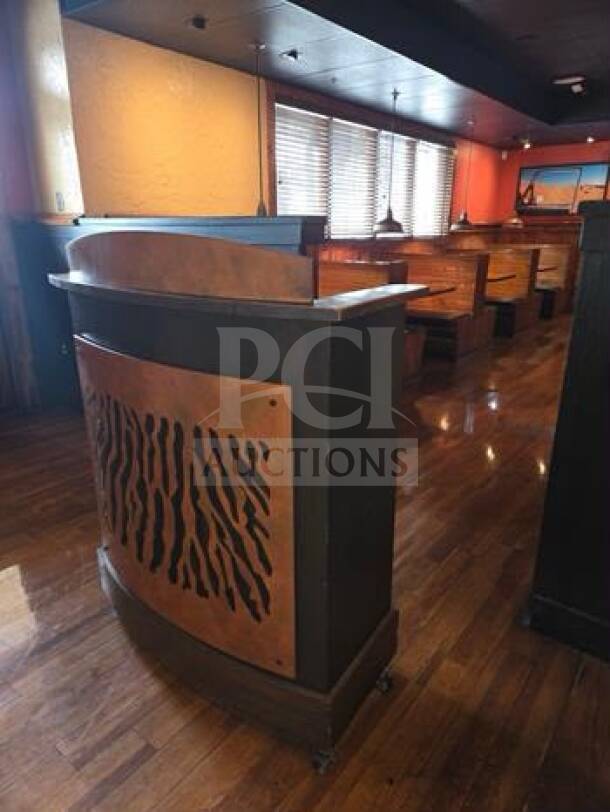 Custom decorative host stand, wood and metal, elite condition, mobile on wheels, ready for commercial use.