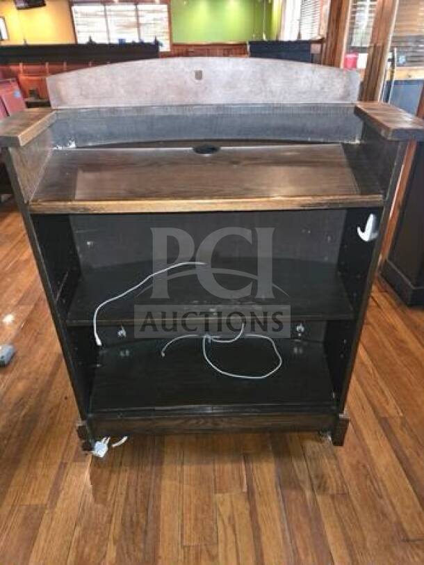 Custom decorative host stand in elite condition, made of wood and metal, mobile on wheels, suitable for commercial use.