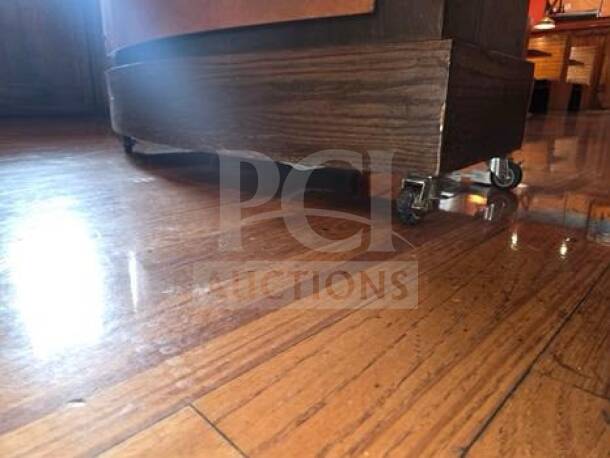 Custom decorative host stand in elite condition, wood and metal, mobile on wheels for restaurant use, model CUS-M-HOST-1224.