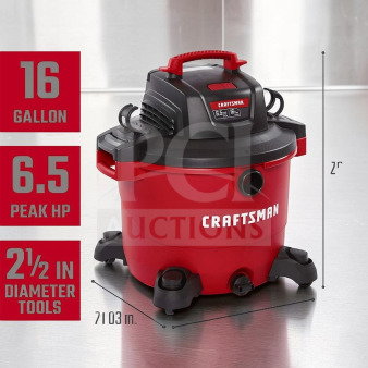 Craftsman CMXEVBE17595 16-gallon wet/dry vacuum, 6.5 peak HP, durable red/black design, fully tested and operational.