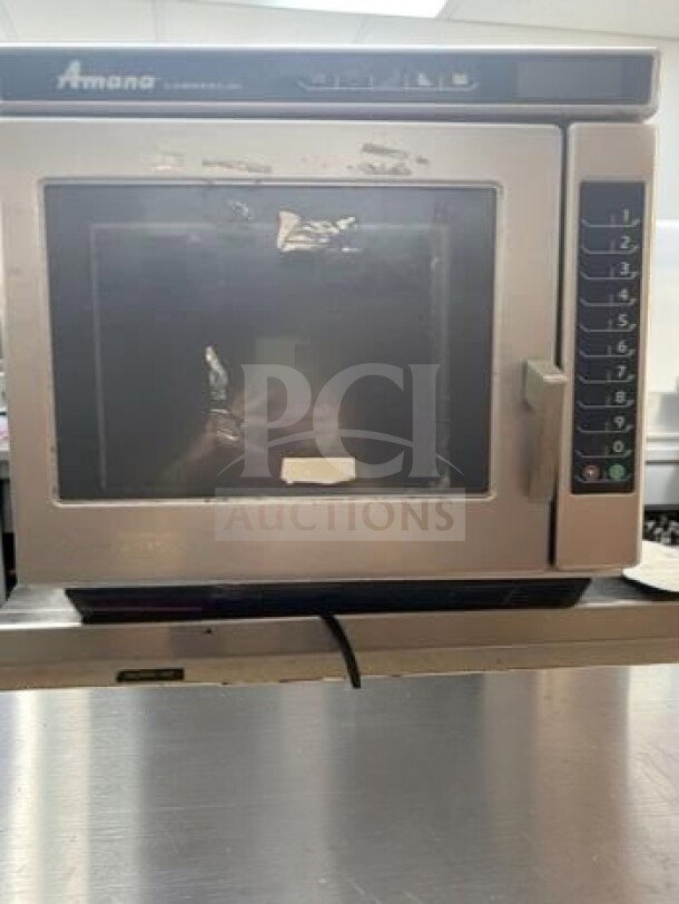 Amana RC17S2 heavy-duty commercial microwave oven, stainless steel, 208/240V, 1700W, ETL listed, excellent condition.