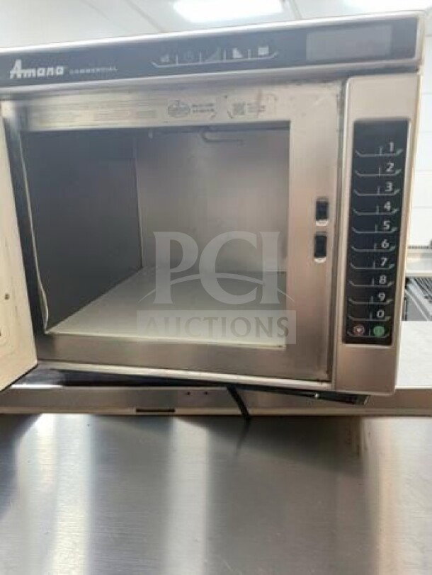 Amana RC17S2 heavy-duty commercial stainless steel microwave oven, 1700W, 208/240V, ETL listed, excellent condition.