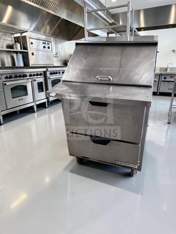Immaculate Beverage-Air SPED27HC-12M-B 27" Mega Top Refrigerated Prep Unit with drawers, 6.8 Cu. Ft., NSF & UL listed.