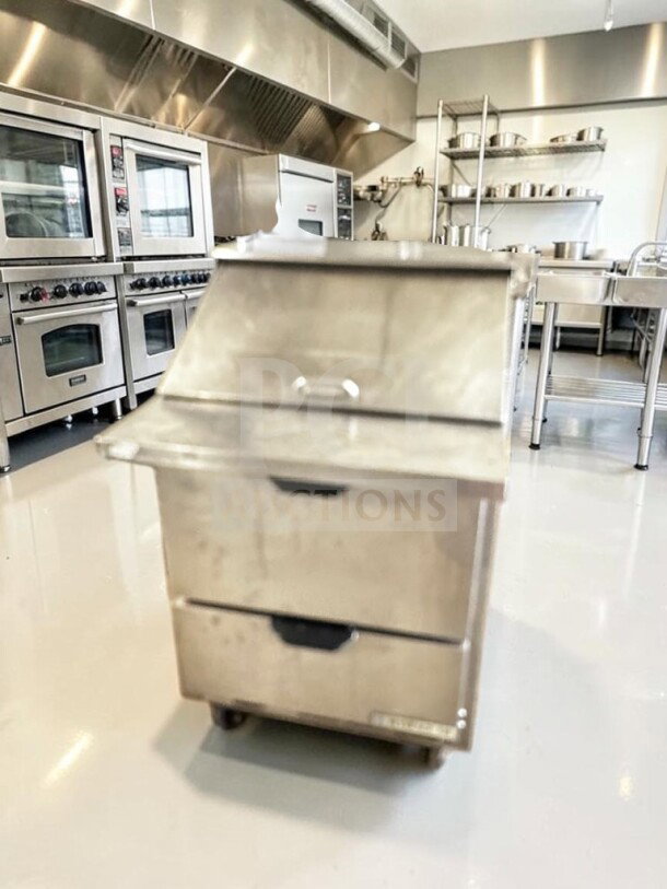 Beverage-Air SPED27HC-12M-B mega top refrigerated prep unit with drawers, immaculate condition, NSF & UL listed.