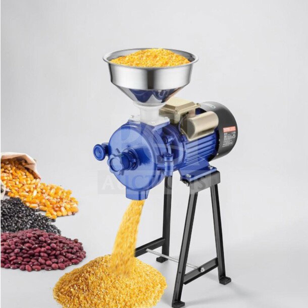 Brand new VEVOR GM-001 3000W electric grain mill grinder, blue, with funnel, in operation, model VEV-S-GRIN-1237.