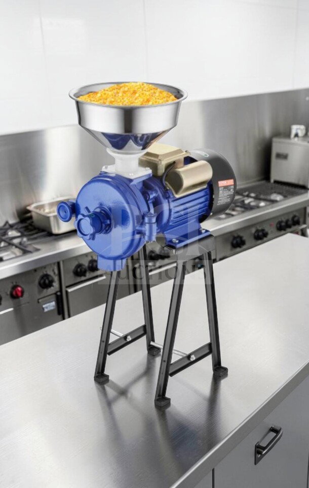 Brand new VEVOR GM-001 3000W electric grain mill grinder with funnel, 110-120V, on metal stand, new in box.