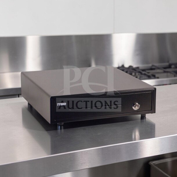Brand new Toast Cash Drawer, 16" black POS register, new in box, model TOA-S-CASH-1239, key lock visible.