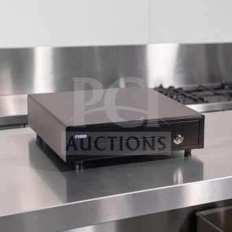 Brand new Toast Cash Drawer, 16" black POS register, new in box, model TOA-S-CASH-1239, key lock visible.