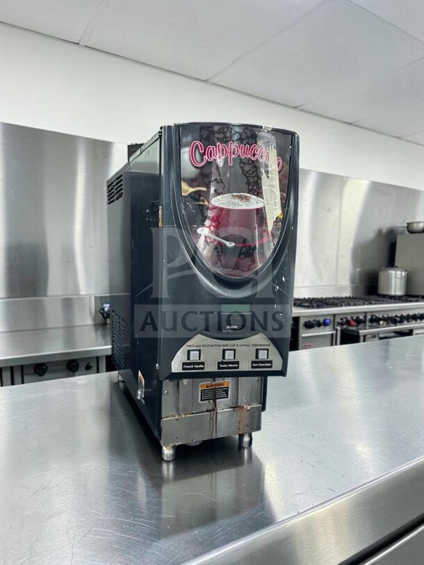 Bunn iMIX-3S+ 3-Hopper Beverage Dispenser, model 38600.0300, in excellent condition on a stainless steel countertop.