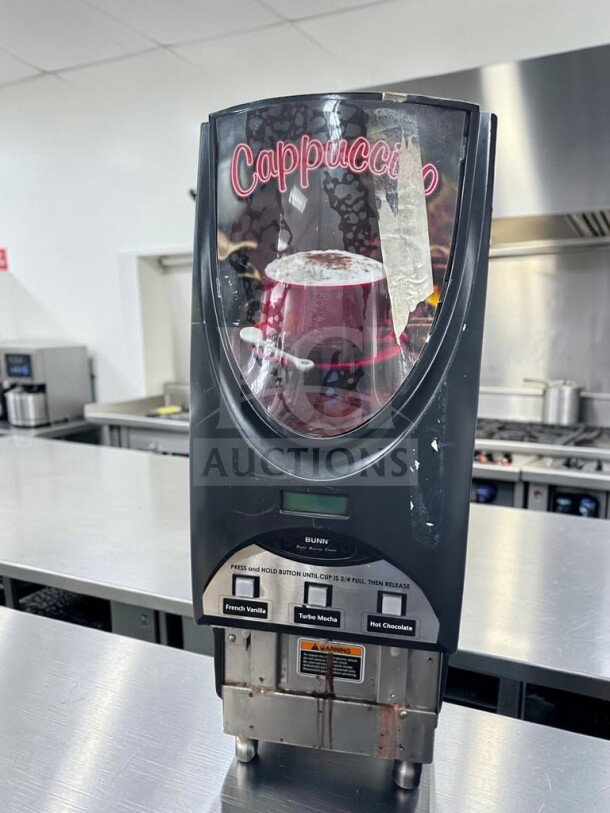 Bunn iMIX-3S+ 38600.0300 beverage dispenser, 3-hopper, NSF & ETL listed, visibly tested, labeled for cappuccino.