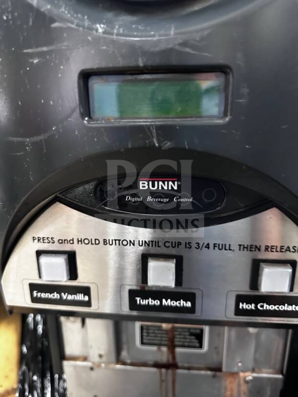 Bunn iMIX-3S+ 38600.0300 dispenser with French Vanilla, Turbo Mocha, and Hot Chocolate options; NSF & ETL listed.