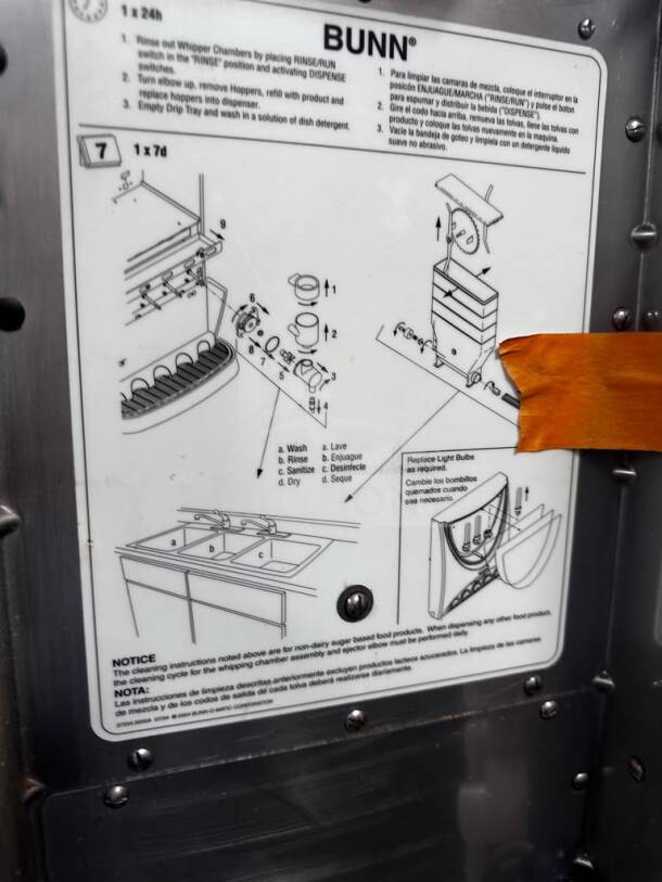 Bunn iMIX-3S+ 38600.0300 dispenser cleaning instructions. Stainless steel panel with NSF & ETL labels visible.