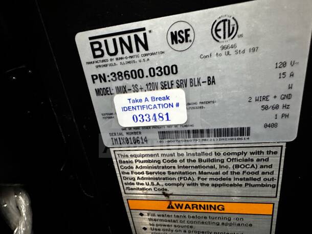 Bunn iMIX-3S+ 38600.0300 cappuccino dispenser, NSF & ETL listed, visible model and serial numbers, fully tested, 120V.