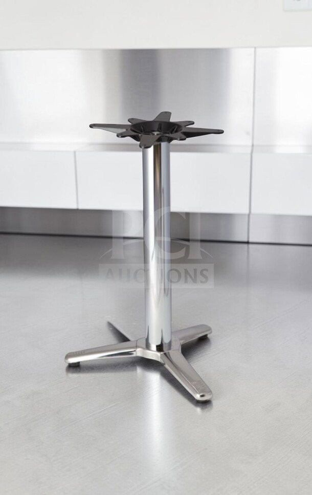 Brand new aluminum restaurant table base, fits 24" top, commercial pedestal design. Model MIS-S-TBASE-1244.