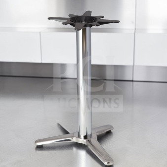 Brand new aluminum restaurant table base, fits 24" top, commercial pedestal design. Model MIS-S-TBASE-1244.