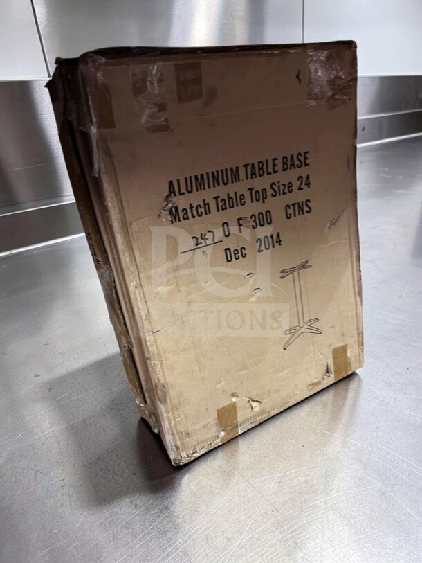Brand new aluminum restaurant table base in box. Fits 24" top, model MIS-S-TBASE-1244. Unbranded commercial furniture.