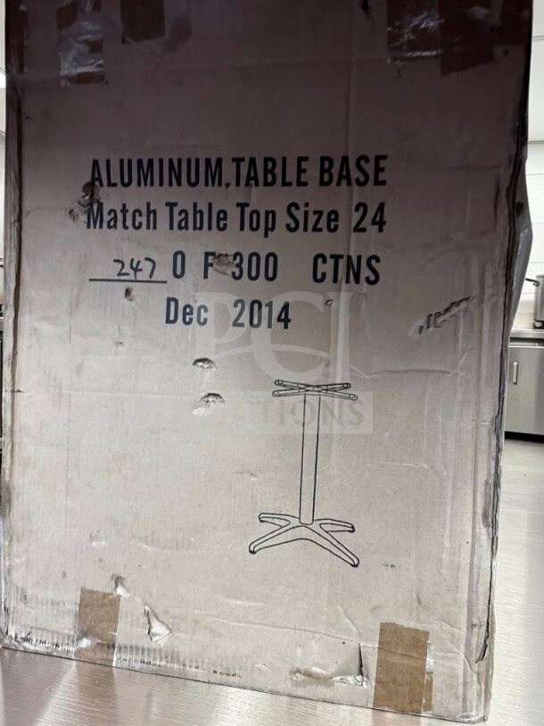 Brand new aluminum restaurant table base, fits 24" top, commercial pedestal, unbranded, model MIS-S-TBASE-1244, in box.