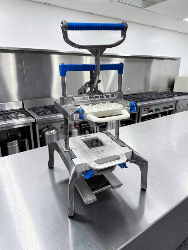 Optimal Condition Prince Castle 980-000-00 Saber King slicer, NSF certified, manual, tested, stainless steel, blue grips.