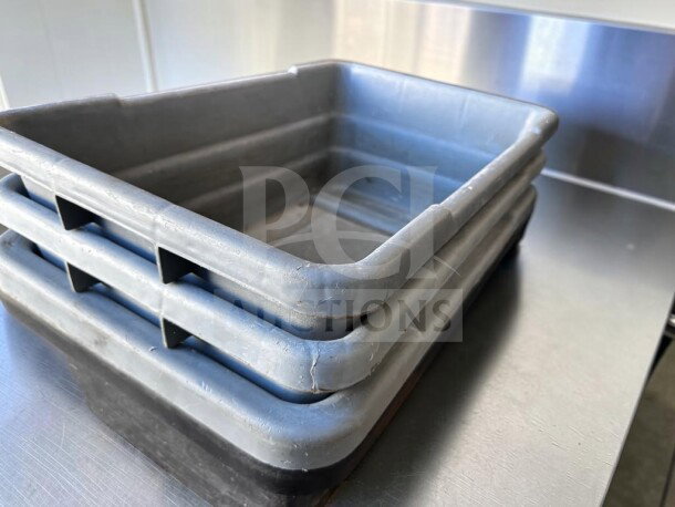Uline Utility Totes, 22"x17"x7", gray, commercial plastic, NSF certified, quantity 4, ideal for restaurant use.