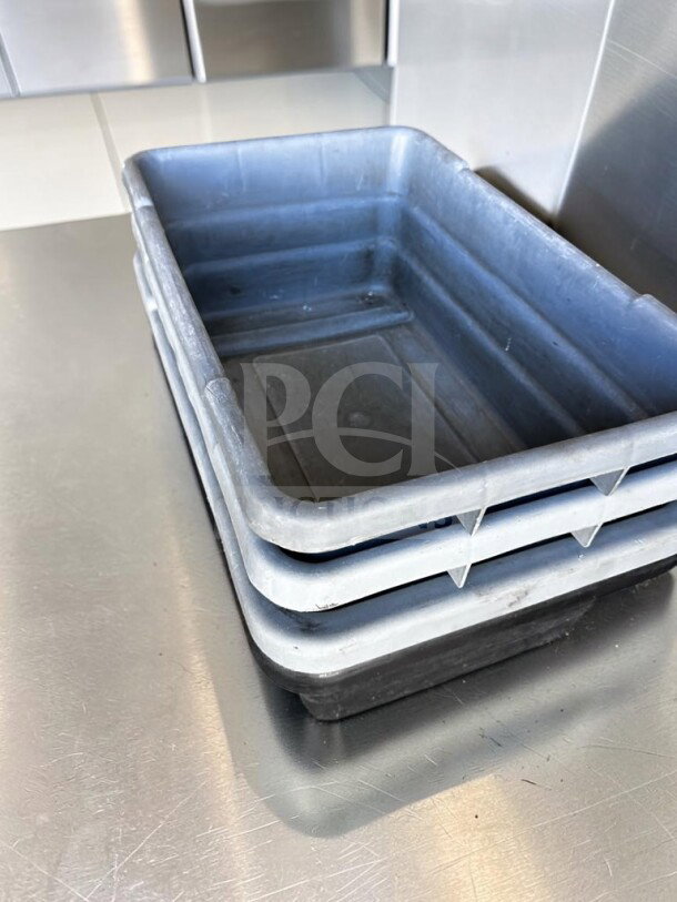 Uline Utility Tote set of 4, gray plastic, 22"x17"x7", NSF certified, ready for restaurant use, model ULI-S-TOTE-1246.