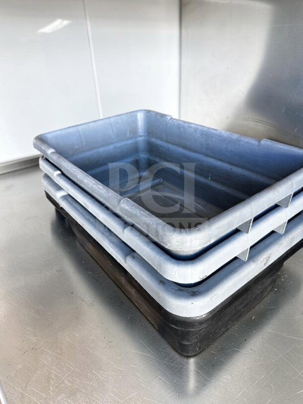 Uline Utility Tote, set of 4, 22"x17"x7", gray plastic, commercial storage tubs, NSF certified, excellent condition.