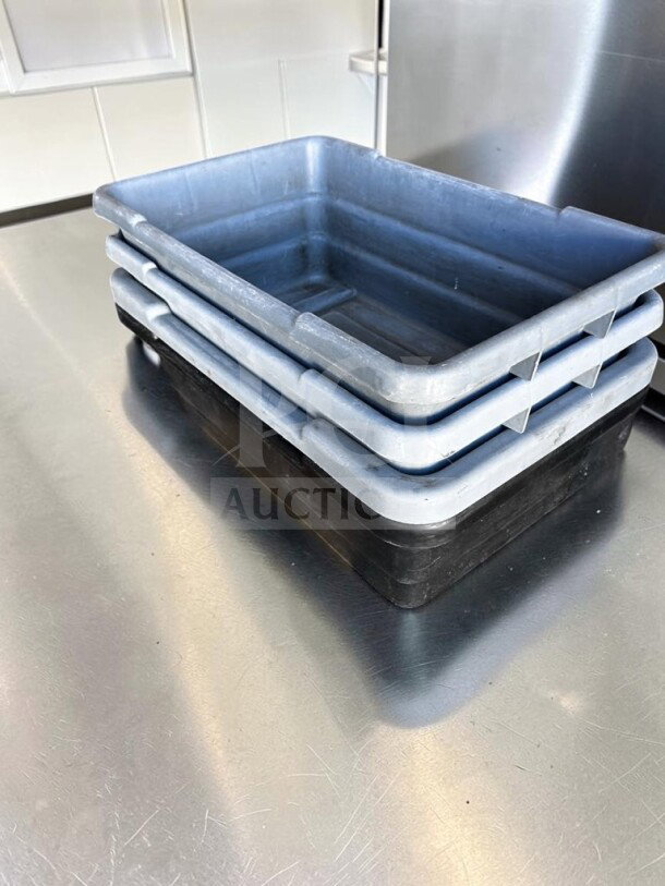 Uline Utility Tote Lot, 4 gray commercial plastic tubs, 22"x17"x7", NSF certified, ideal for restaurant use.