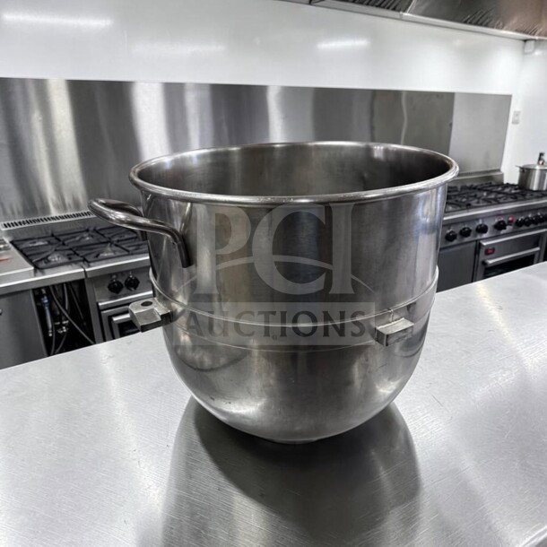 Hobart 30 Qt. stainless steel mixer bowl in high-grade condition, heavy-duty, visible hooks, compatible as a commercial replacement.