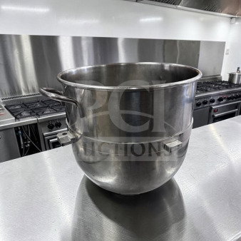 Hobart 30 Qt. stainless steel mixer bowl in high-grade condition, heavy-duty, visible hooks, compatible as a commercial replacement.