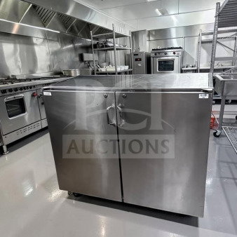Commercial stainless steel storage cabinet, 48" wide, dual locking swing doors, heavy-duty worktop, fully inspected, unbranded.