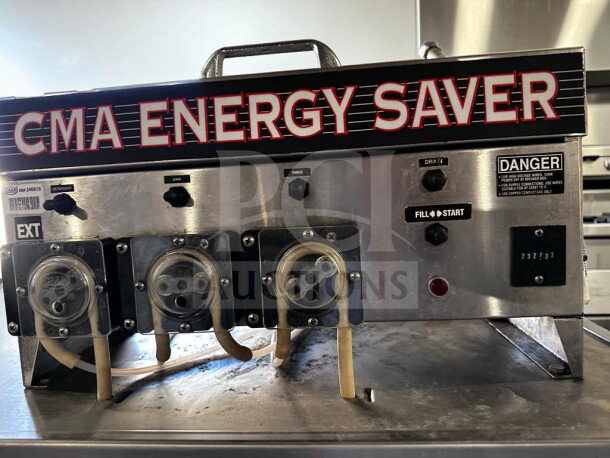 CMA Energy Mizer EST-AH2 dishwasher control panel, featuring labeled switches and warning tags, in excellent condition.