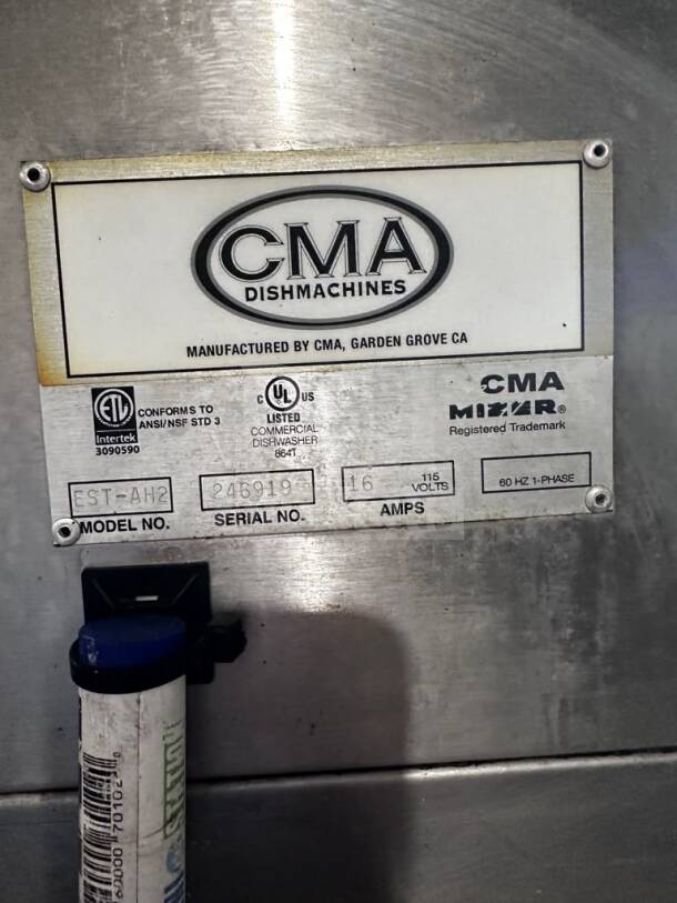 CMA EST-AH2 Energy Mizer® dishwasher label, showing model, serial number 246919, 115 volts, 16 amps, 60 Hz 1-phase.