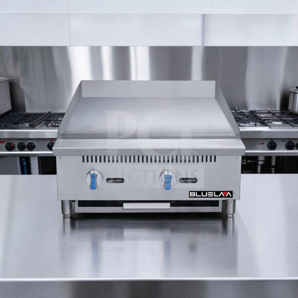Blue Lava BLGM24-24D 24" gas griddle, pristine condition, 1" plate, 60,000 BTU, natural gas, CSA certified, new.