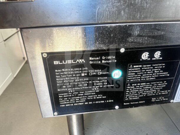 Blue Lava BLGM24-24D griddle, 24" heavy-duty commercial gas, pristine, 60,000 BTU, CSA Sanitation Certified, new condition.