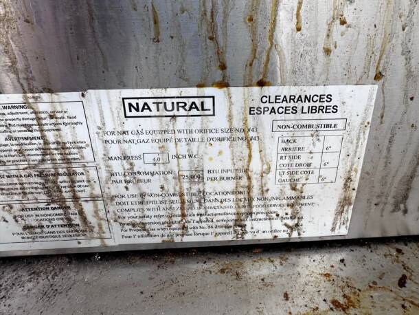 Cooler Depot CB-60-HC Pizza Deck Oven label showing gas specs, clearances, and NSF certification. Stained condition.