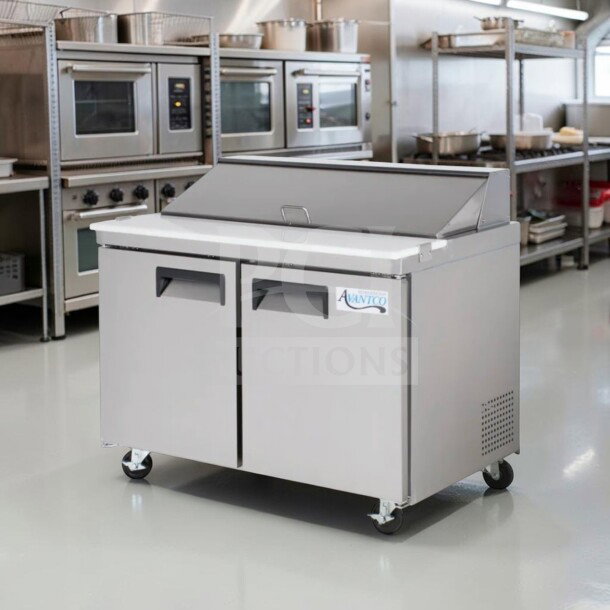 Avantco APT-48-HC refrigerated prep table, 47" two-door, 12-pan capacity, stainless steel, ETL & NSF certified, excellent condition.