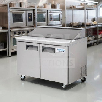Avantco APT-48-HC refrigerated prep table, 47" two-door, 12-pan capacity, stainless steel, ETL & NSF certified, excellent condition.