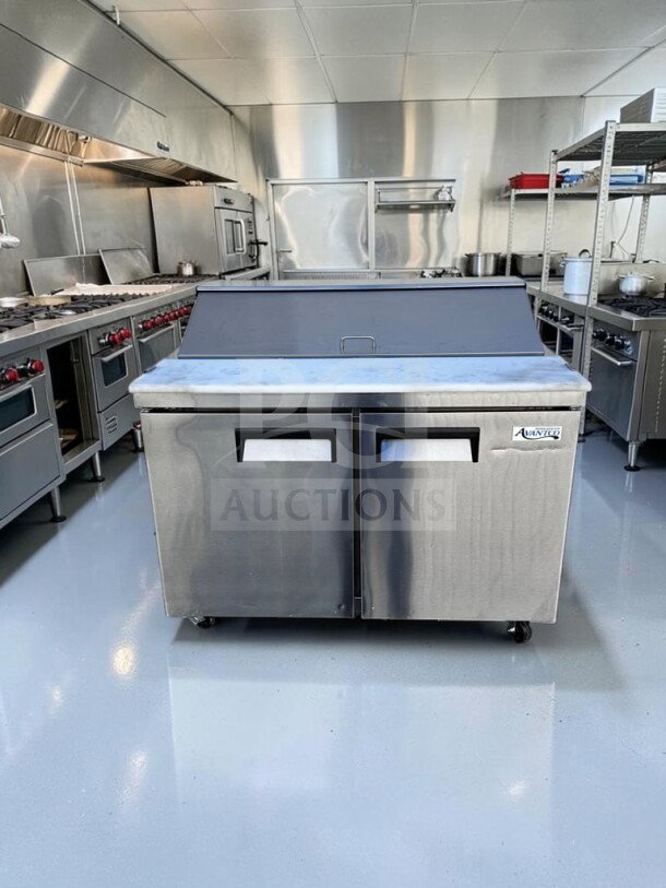 Avantco APT-48-HC refrigerated prep table, 47", two-door, holds 12 pans, excellent condition, ETL & NSF certified.