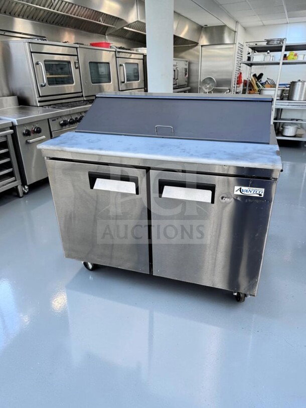 Avantco APT-48-HC commercial prep table, 47", two-door, 12-pan capacity, stainless steel, excellent condition, ETL & NSF certified.