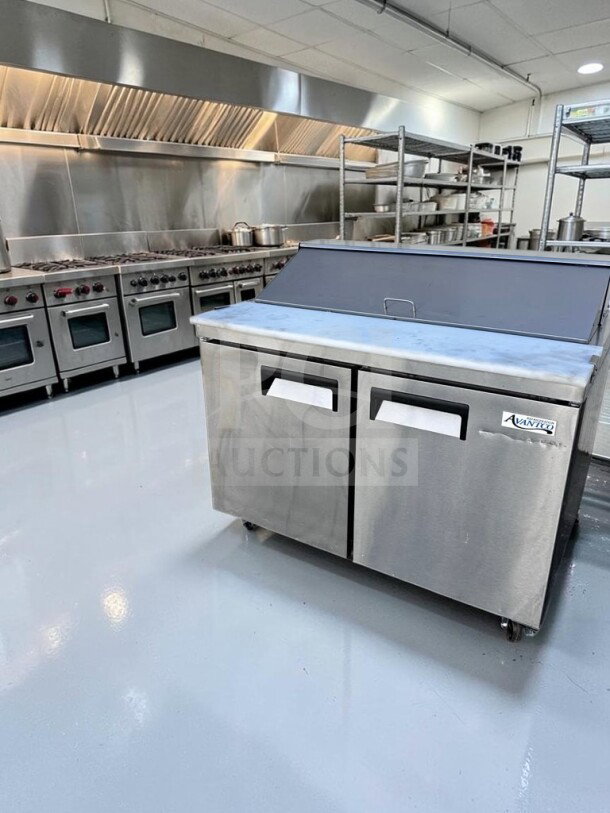 Avantco APT-48-HC two-door refrigerated prep table, 47", 12-pan capacity, stainless steel, fully tested, ETL & NSF certified.