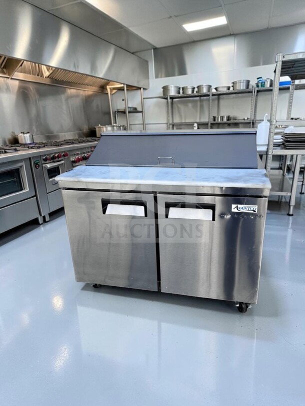 Avantco APT-48-HC refrigerated prep table, elite condition, 47", two-door, 12-pan, ETL & NSF certified, fully tested.