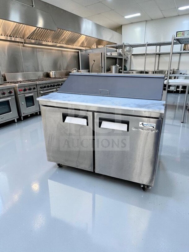 Avantco APT-48-HC refrigerated prep table, 47", stainless steel, 12-pan capacity, elite condition, ETL & NSF certified.