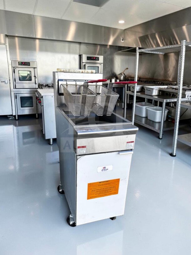 Cooler Depot HFRF-120B-NG floor fryer, natural gas, 50 lb. capacity, four burners, twin baskets, ETL/NSF certified, fully tested.