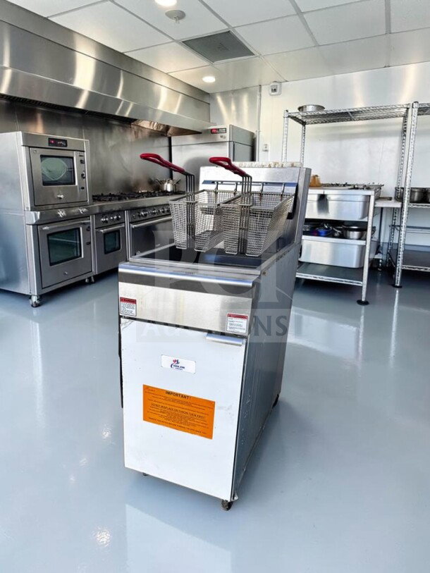 Cooler Depot HFRF-120B-NG commercial floor fryer, 120,000 BTU, four burners, twin baskets, ETL & NSF certified, fully operational.