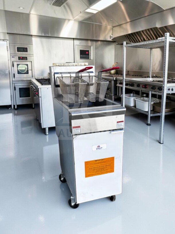 Cooler Depot HFRF-120B-NG commercial fryer, 50 lb. capacity, natural gas, four burners, twin baskets, ETL & NSF certified, fully operational.