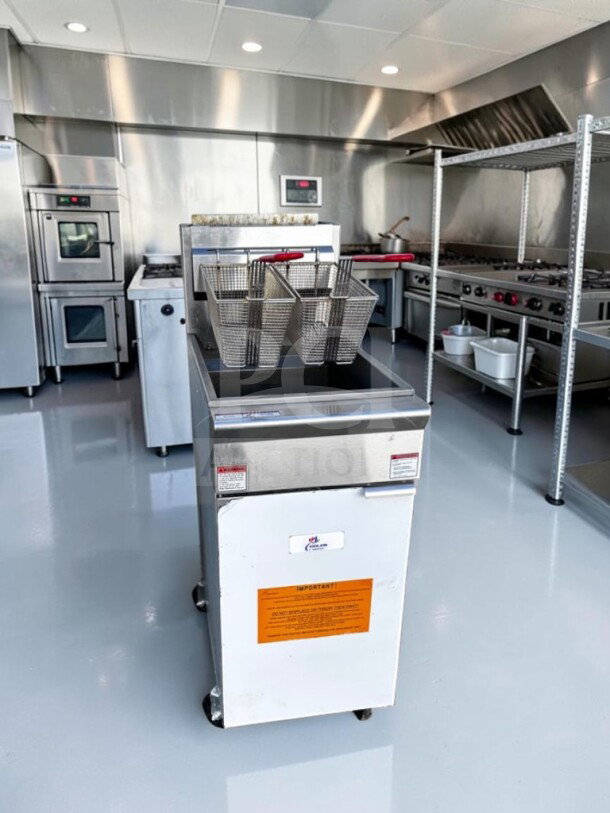Commercial Cooler Depot HFRF-120B-NG floor fryer, 120,000 BTU, four burners, twin baskets, ETL & NSF certified, tested operational.