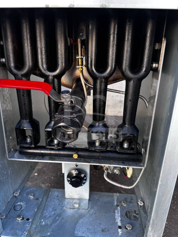 Cooler Depot HFRF-120B-NG commercial fryer interior showing four burners and gas connection; ETL & NSF certified.